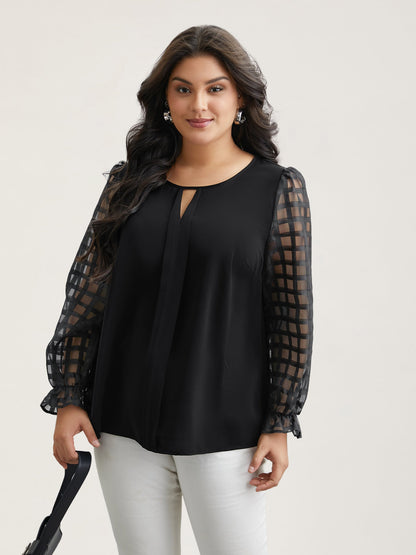 Sheer Textured Sleeve Neck Cut-Out Shirt