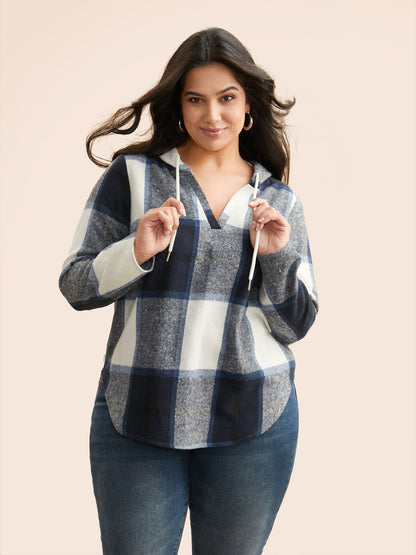 Brushed Fabric Plaid Hooded Sweatshirt