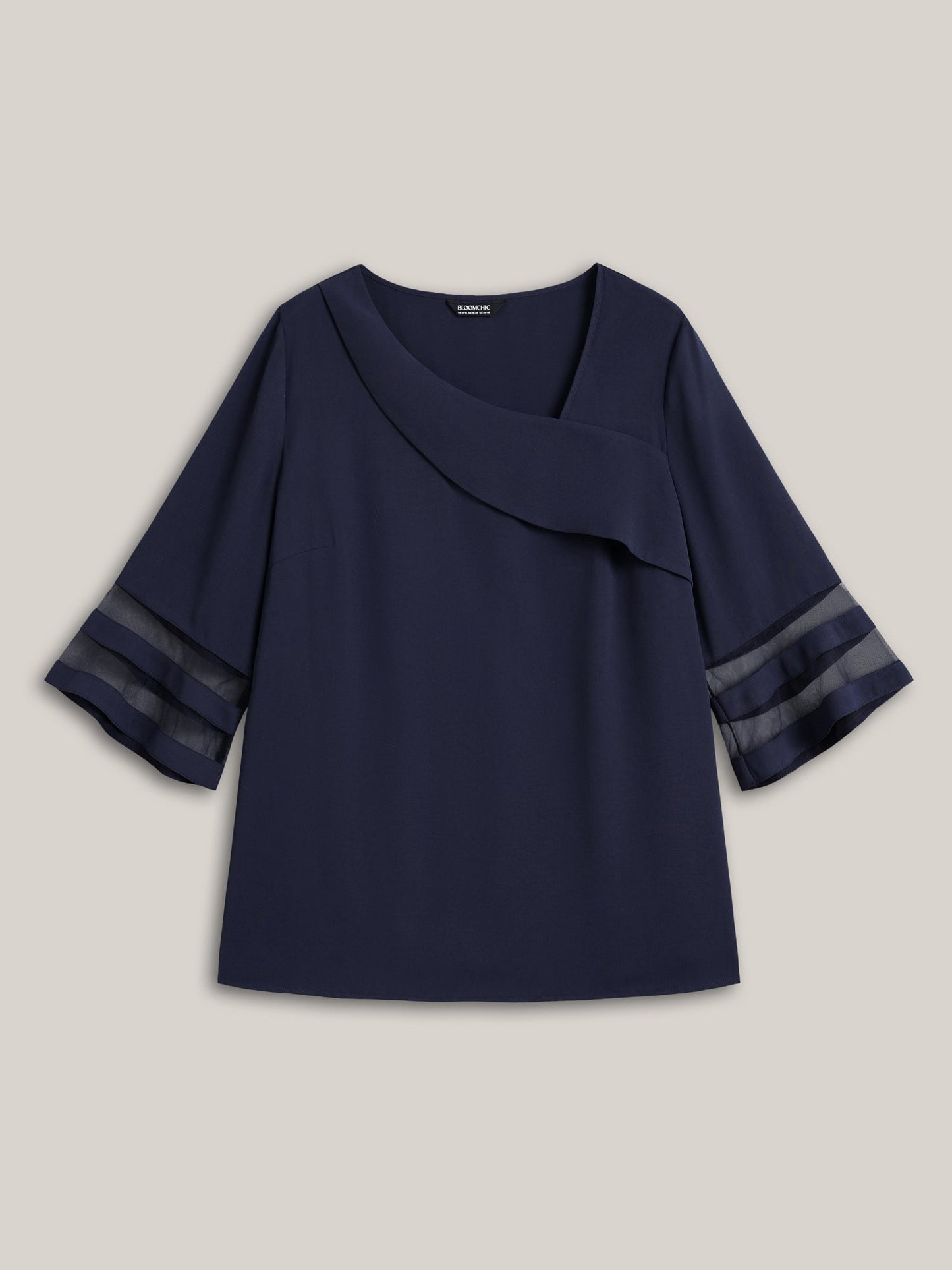 Sheer Sleeve Patchwork Asymmetrical Neckline Blouse