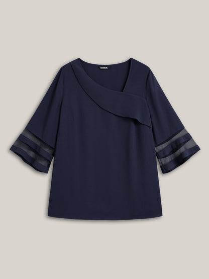 Sheer Sleeve Patchwork Asymmetrical Neckline Blouse
