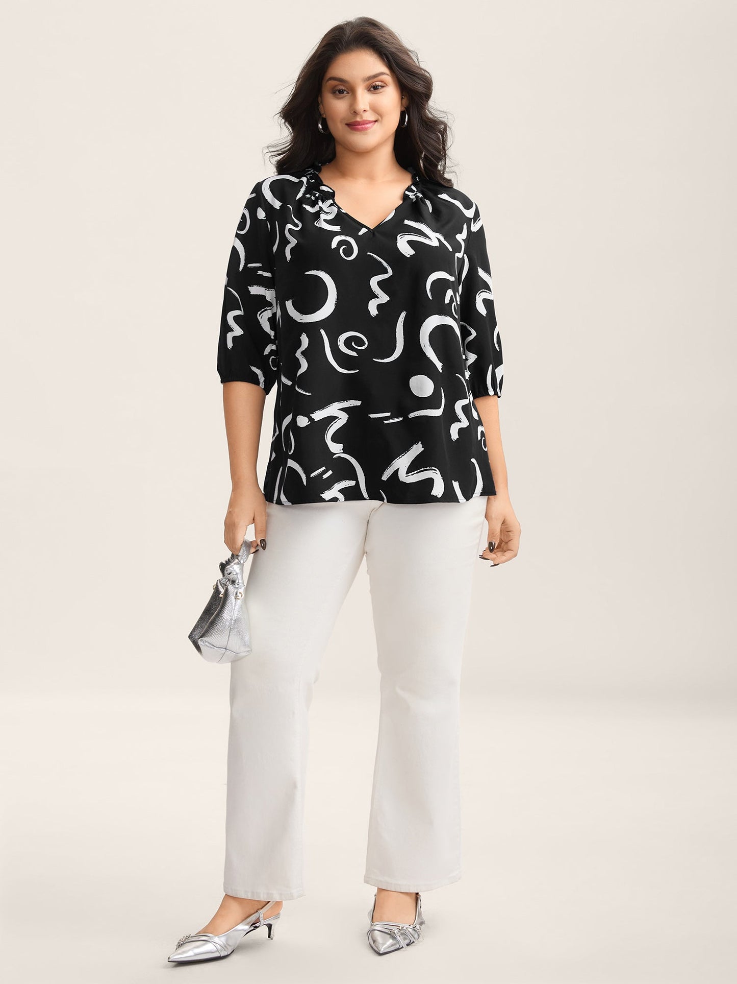 Scribble Print Ruffled Split Neck Blouse