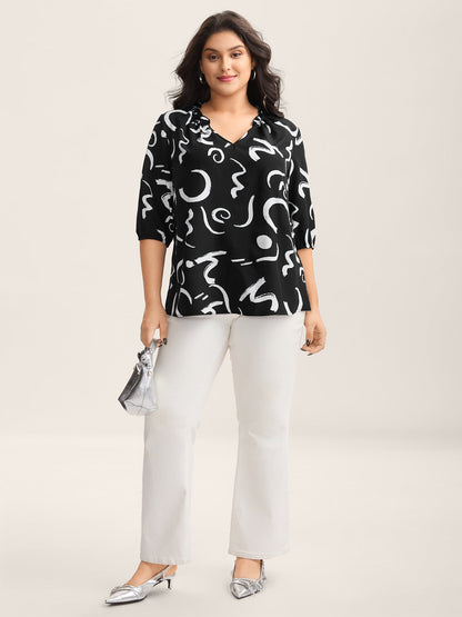 Scribble Print Ruffled Split Neck Blouse