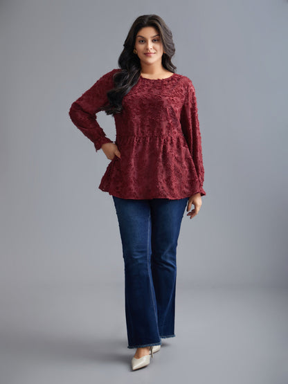 Round Neck Jacquard Plisse Ruched Blouse