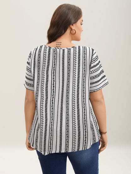 Striped Overlap Print Curvy Hem Blouse