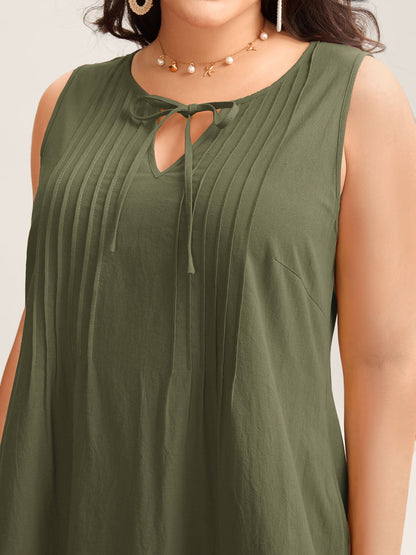 Cotton Toothpick Pleat Plain Midi Dress