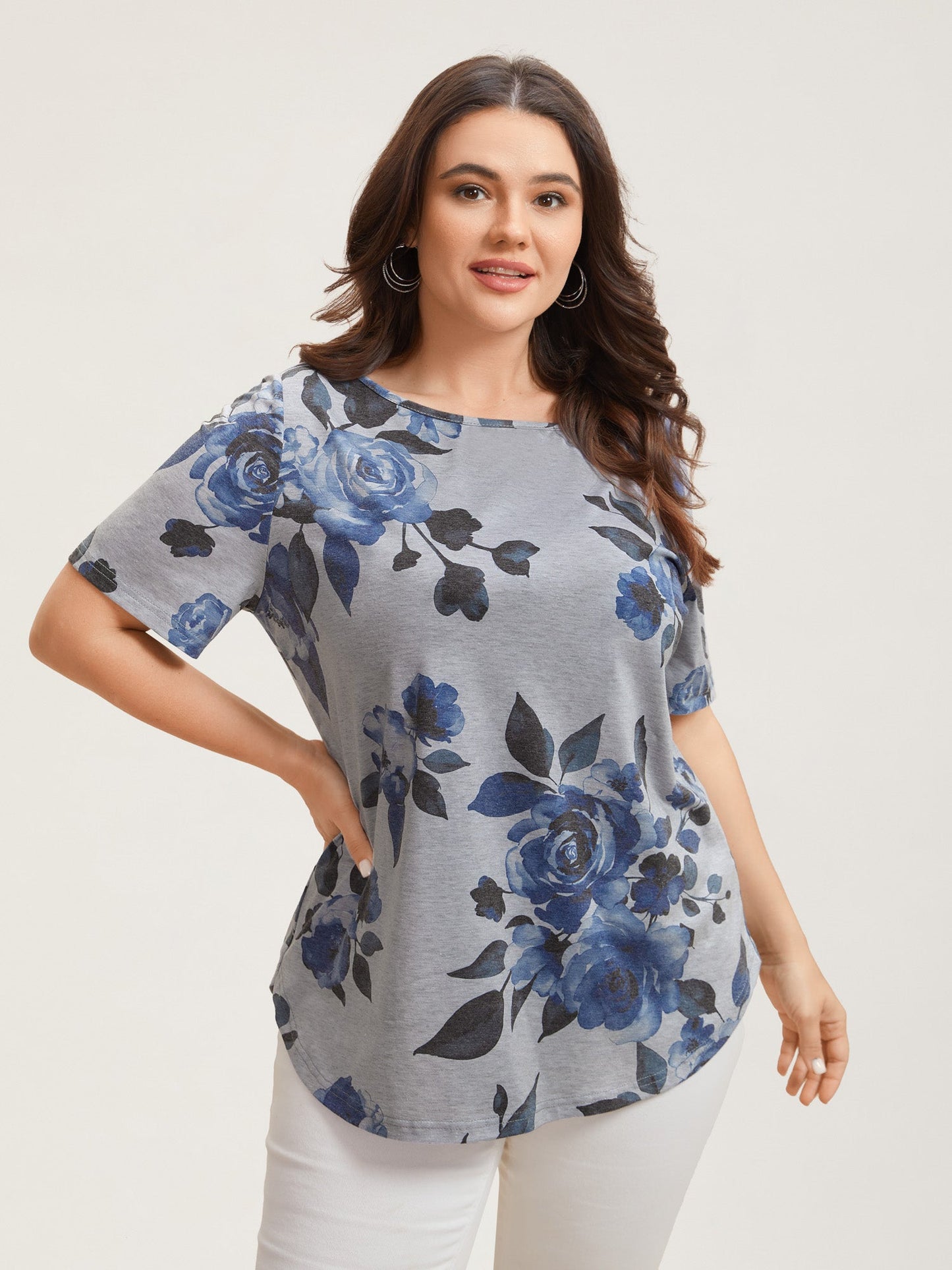 Floral Print Round Neck Fitted T-Shirt