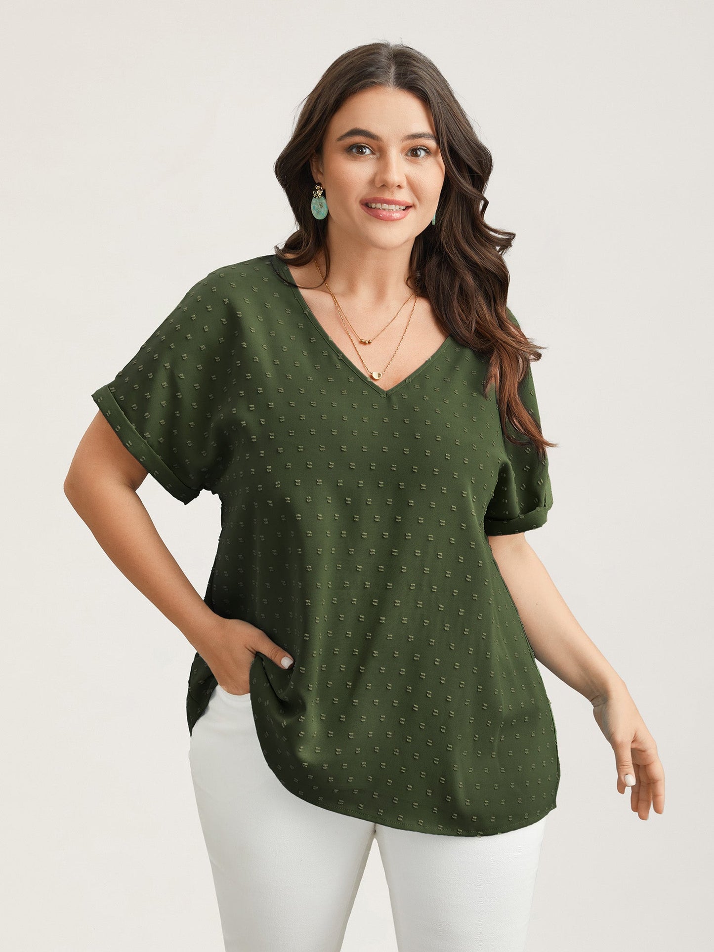 Back-Button Textured V-Neck Shirt