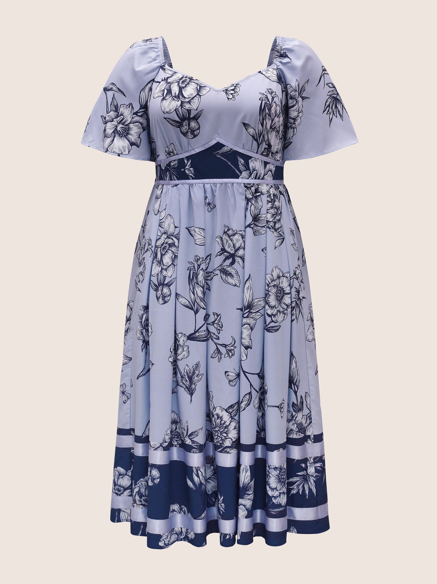 Boho Print Heart Neckline Ruffle Sleeve Maxi Dress