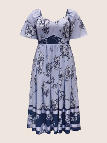 Boho Print Heart Neckline Ruffle Sleeve Maxi Dress