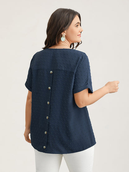 Back-Button Textured V-Neck Shirt