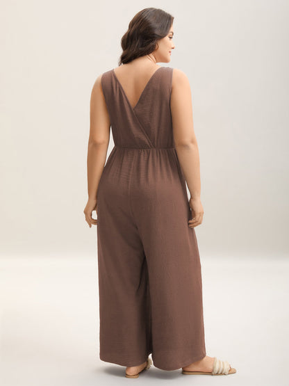 Shirred Pockets Wide-Leg Plain Jumpsuit