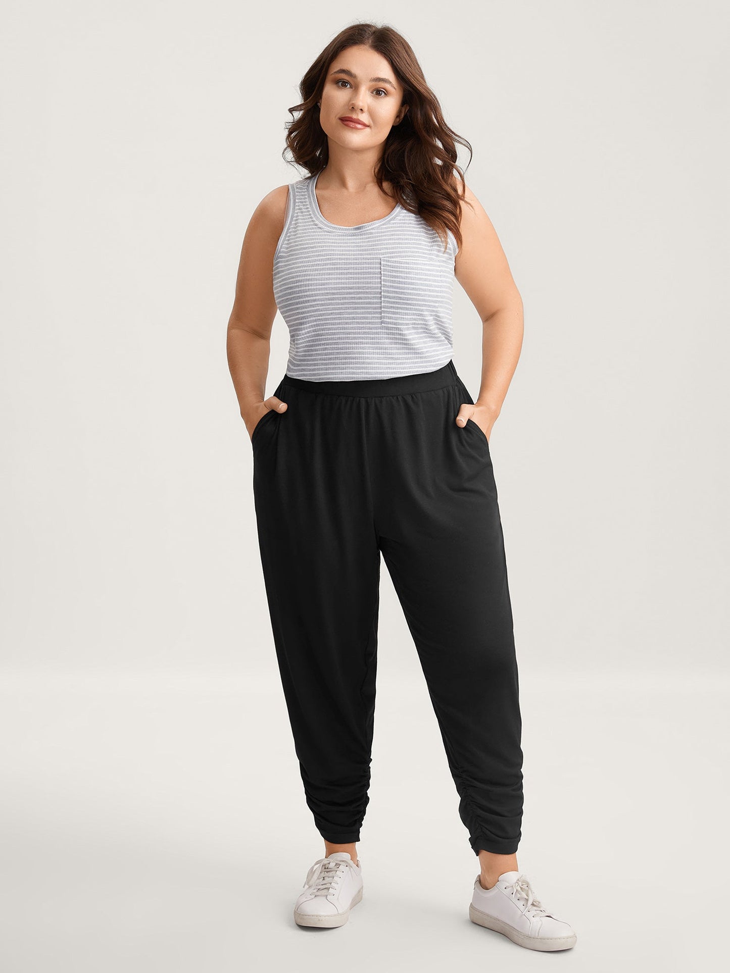 Stretchy Straight-Leg Gathered Hem Pants