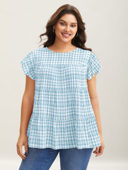 Plaid Print Textured Lotus Leaf Sleeve Shirt