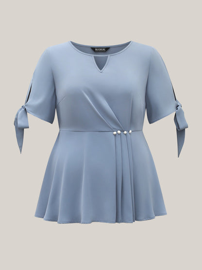 Knotted Sleeve Pearl Detail Keyhole Blouse