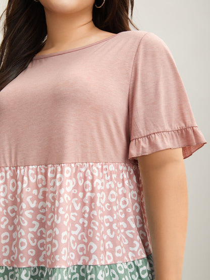 Spliced Printed Tiered Ruffled Sleeve T-Shirt