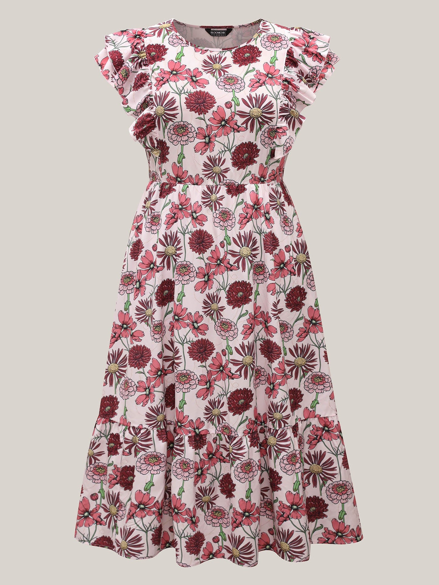 Ruffled Floral Print Stretchy-Waist Midi Dress