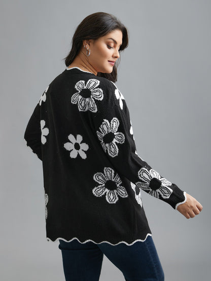Floral Pattern Open-Front Knitted Cardigan