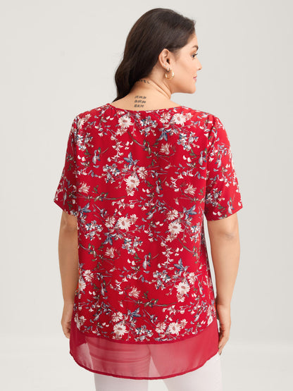 Garden Print Spliced V-Neck Blouse