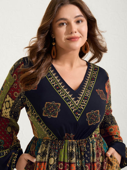 Retro Colorful Print V-Neck Midi Dress