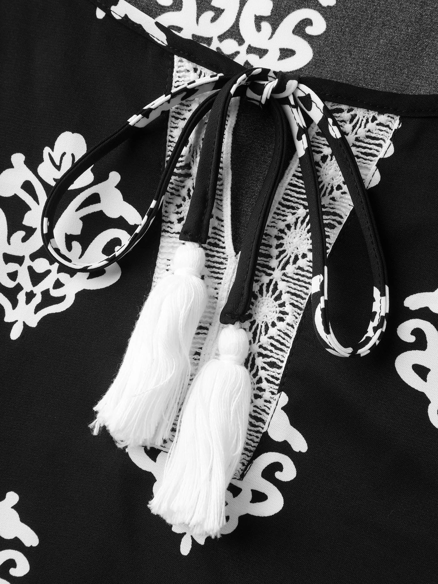 Floral Print Lace Neck Flared Sleeve Blouse