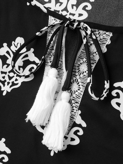 Floral Print Lace Neck Flared Sleeve Blouse