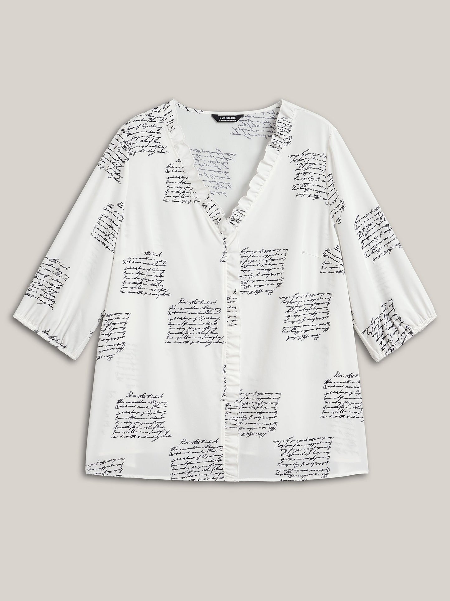 Text Pattern Ruffled Lantern Sleeve Blouse
