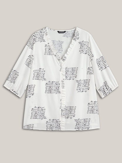 Text Pattern Ruffled Lantern Sleeve Blouse