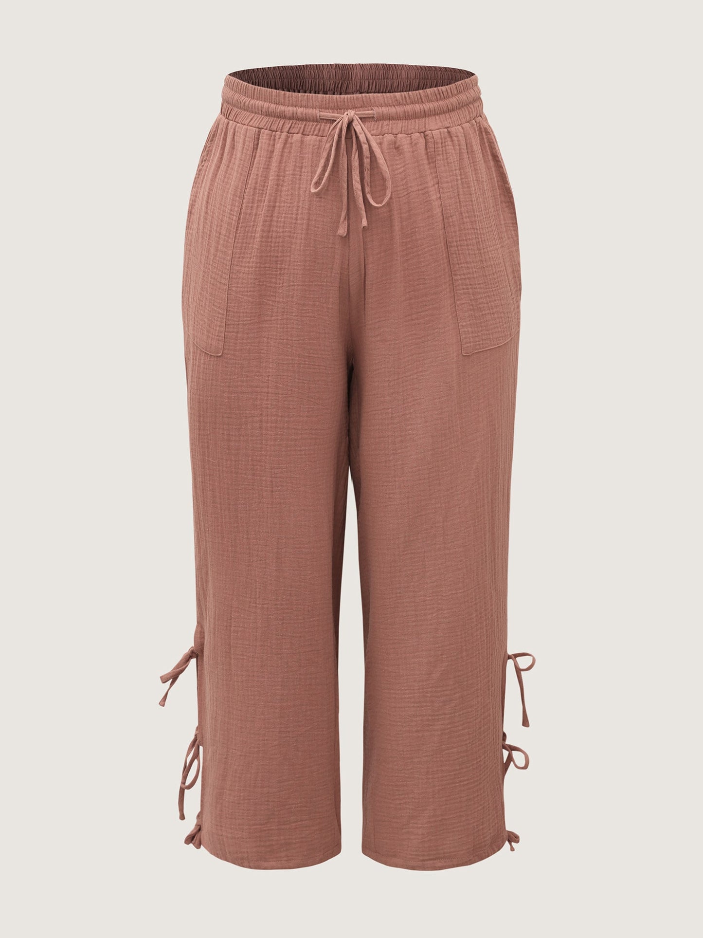 Tie-Hem Slits Cuffed Waist-Tie Pockets Pants