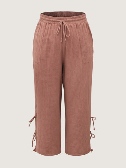 Tie-Hem Slits Cuffed Waist-Tie Pockets Pants