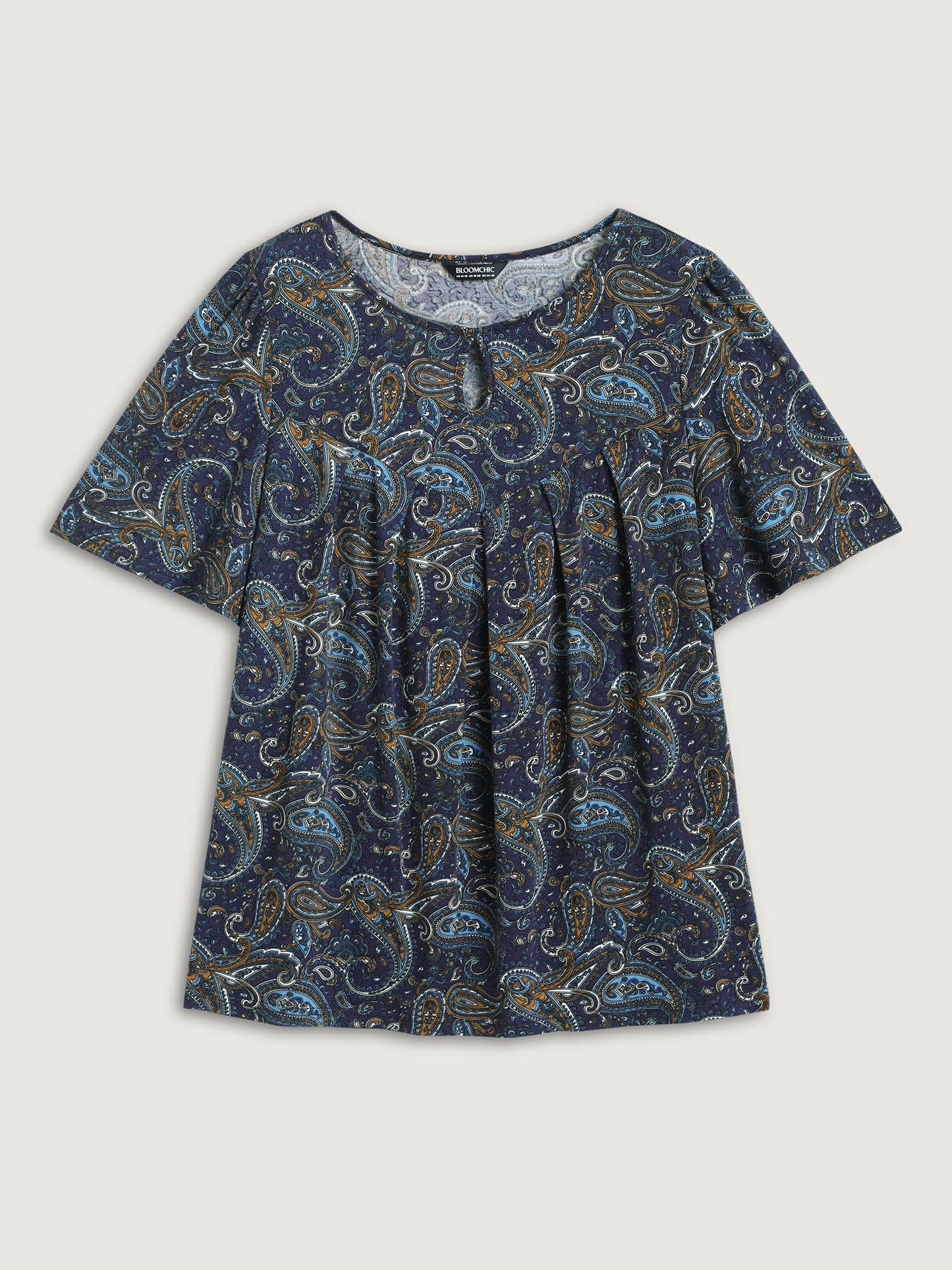 Paisley Print Neck Cut-Out Pleated Top