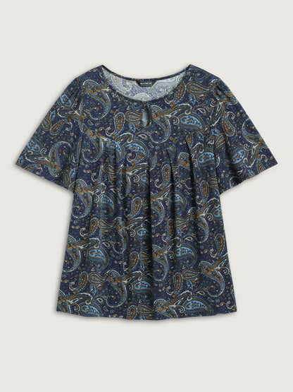 Paisley Print Neck Cut-Out Pleated Top