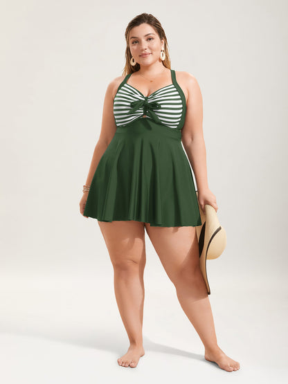 Stripes Patchwork Tie Knot Cross Straps Swim Dress