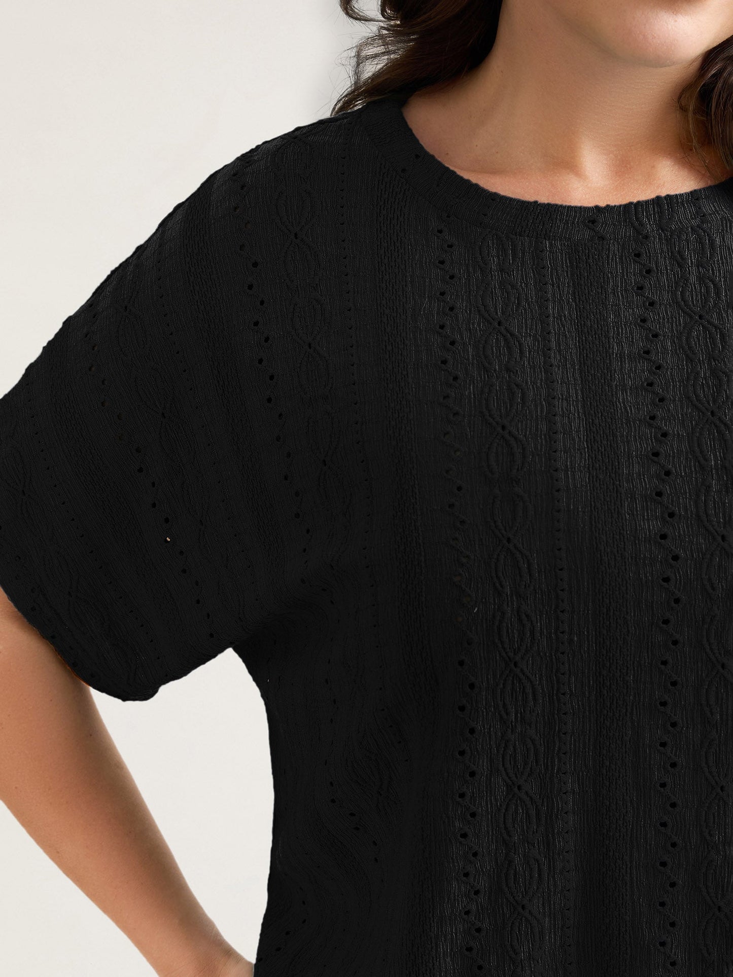 Eyelet Trim Stretchy Textured Plain Top