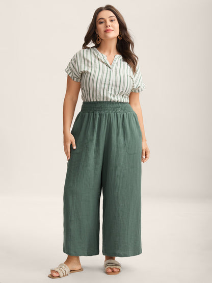 Cotton Shirred Textured Wide-Leg Pants