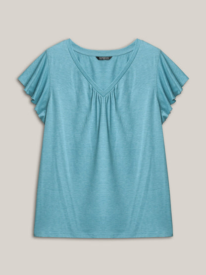 Solid Heather Gathered Ruffle Sleeve T-shirt