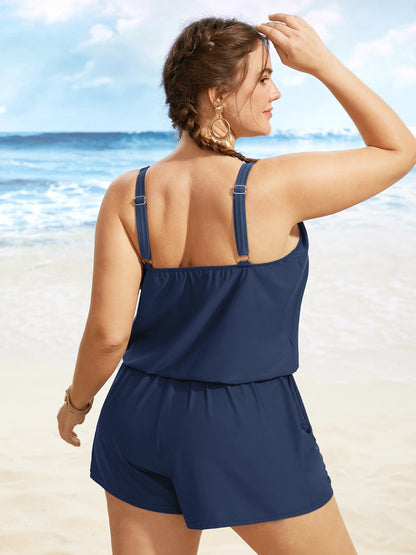 Solid Keyhole Elastic Waist Gathered One Piece Swimsuit