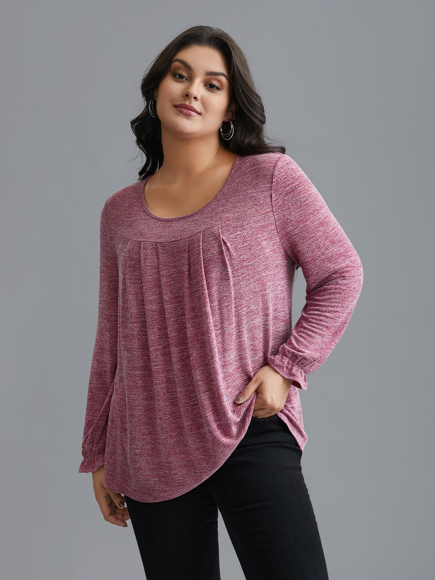 Round Neck Heather Pleated T-shirt