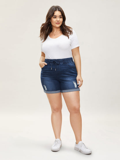 Distressed Drawstring Roll Hem Denim Shorts