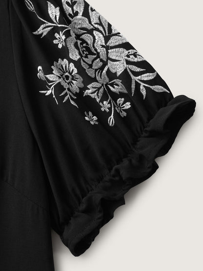 Notched Collar Embroidered Ruffled Blouse