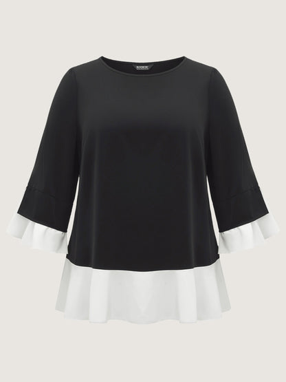 Contrast Patchwork Bell Sleeve Blouse