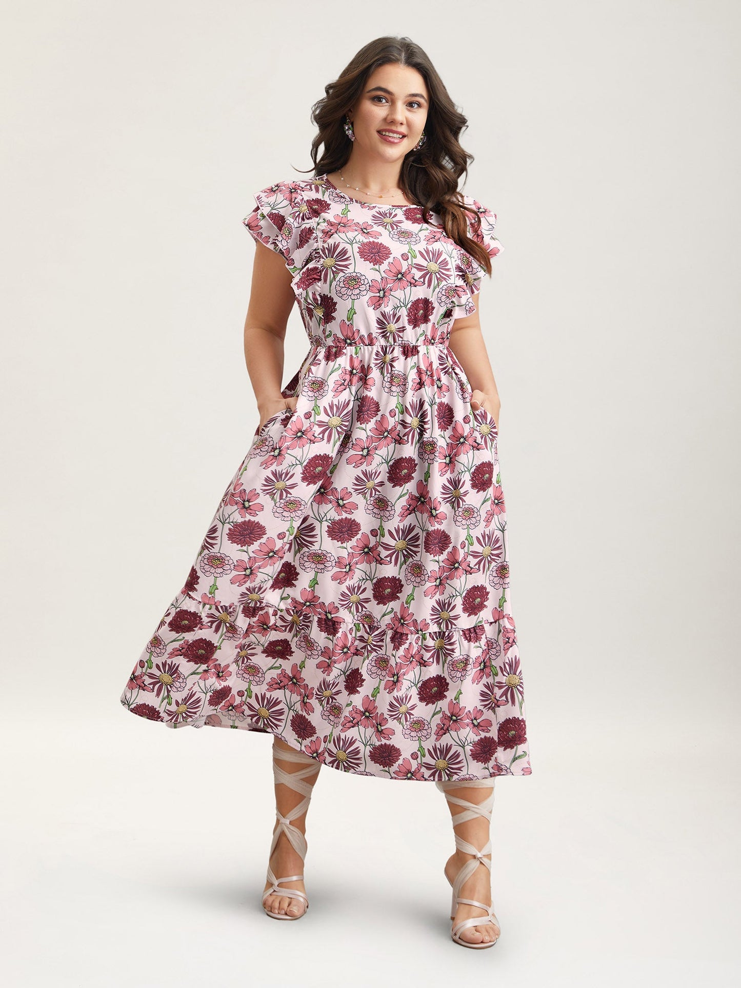 Ruffled Floral Print Stretchy-Waist Midi Dress