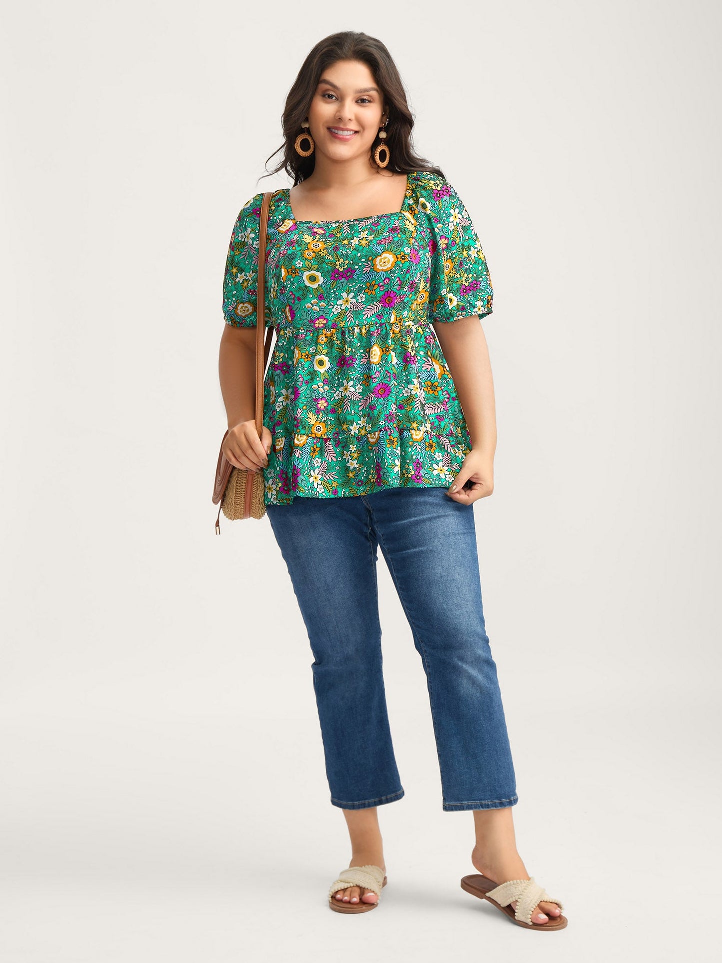 Floral Square Neck Fit and Flare Blouse