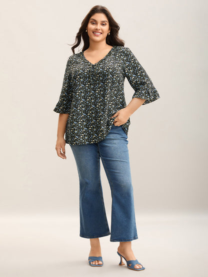 Ditsy Floral Print Frill Trim Blouse