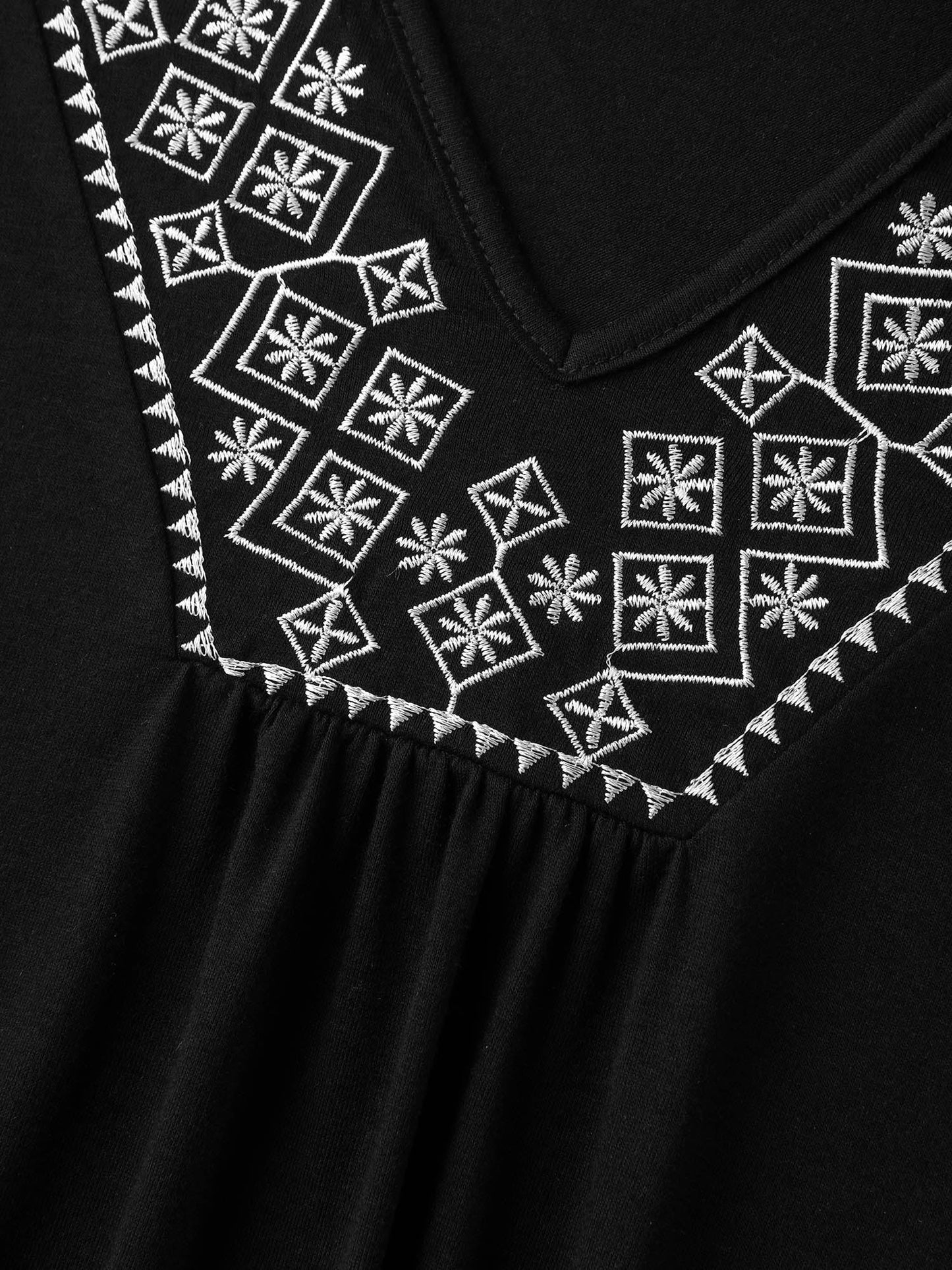 Embroidered V-Neck Puff Sleeve Plain Top