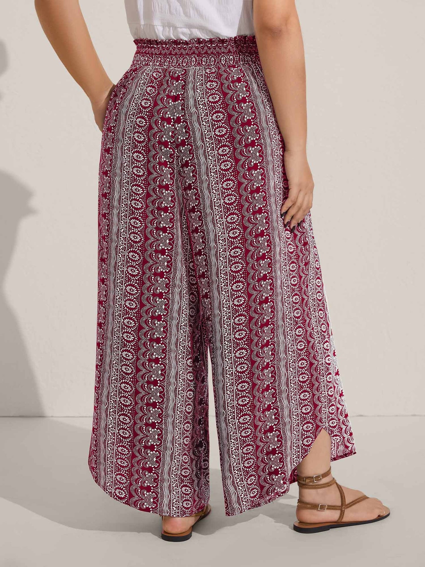 Boho Print Shirred Waist Wide-Leg Pants