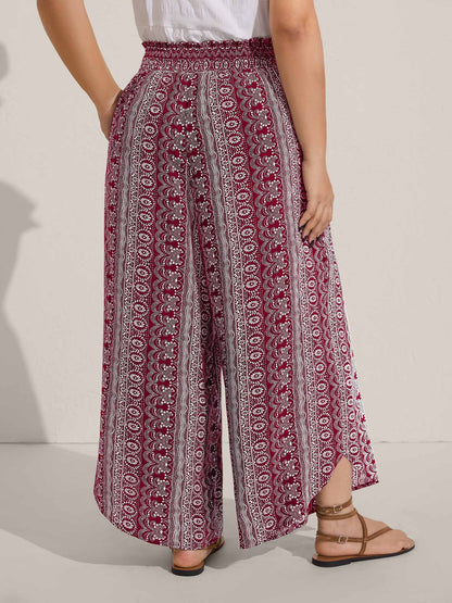Boho Print Shirred Waist Wide-Leg Pants