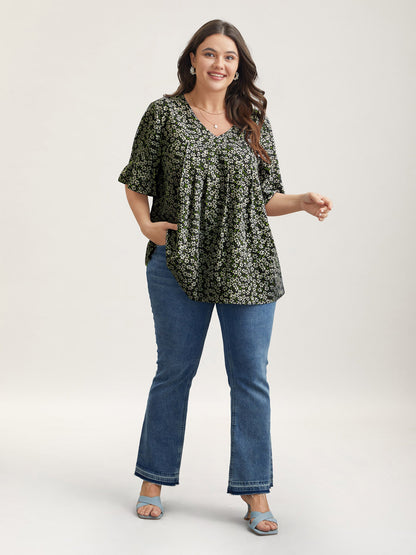 Ditsy Floral Pleated Flared Sleeve Shirt