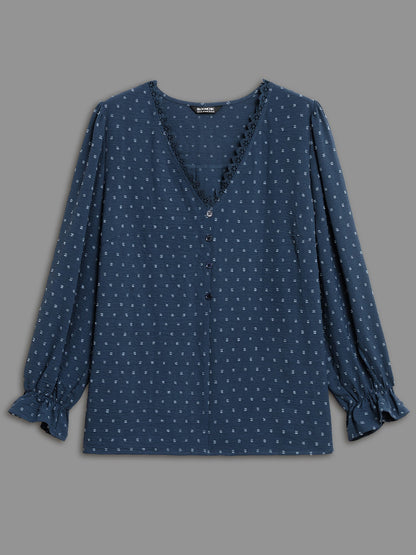 Textured Lace Trim Patchwork Ruffles Blouse