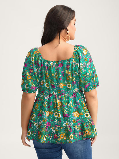 Floral Square Neck Fit and Flare Blouse