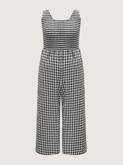 Gingham Print Shirred Straight-Leg Jumpsuit